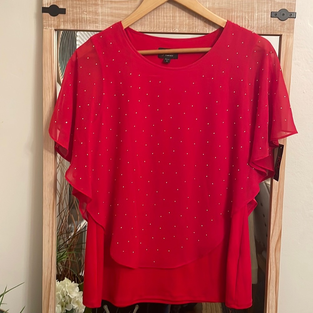 Dot Flutter-Sleeve Blouse Americana Red with Gold Studs